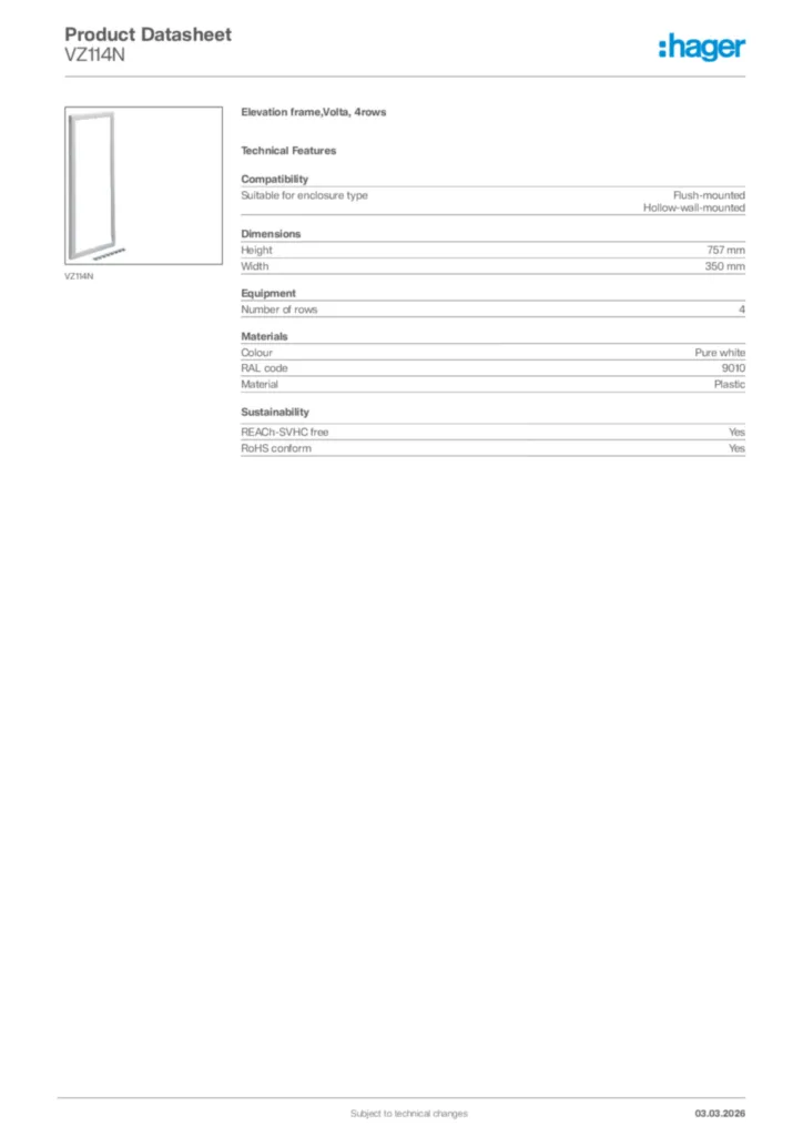 Image Hager Product data sheet VZ114N  | Hager Africa