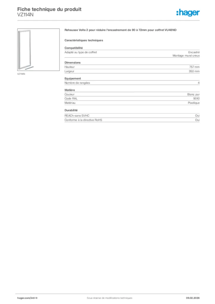 Image Hager Fiche technique du produit VZ114N | Hager Afrique