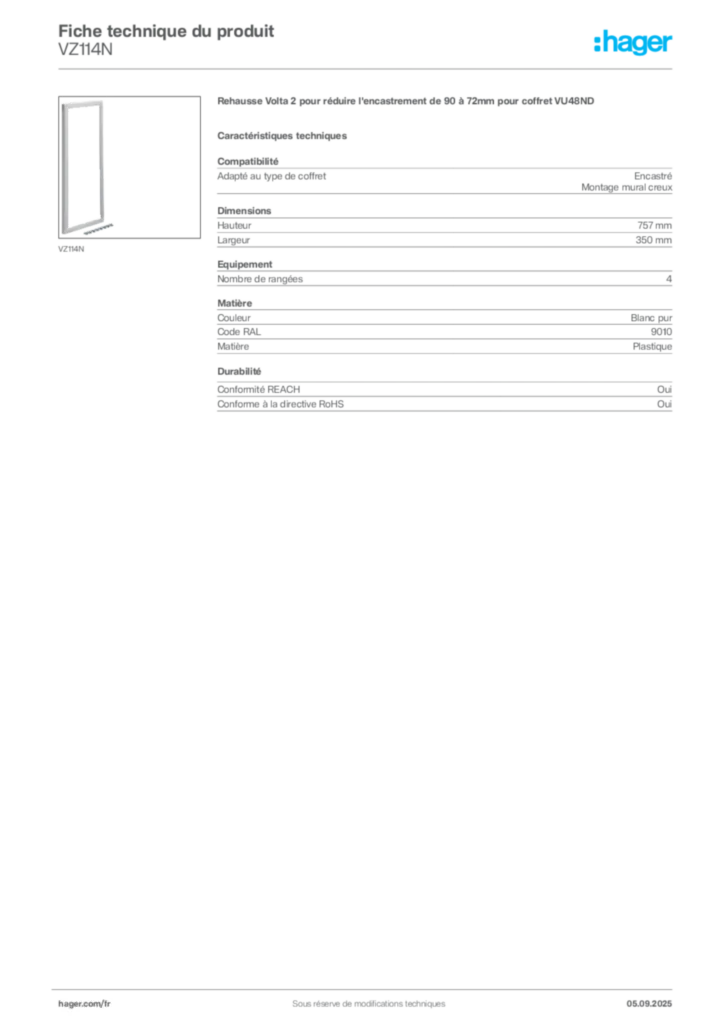 Image Hager Fiche technique du produit VZ114N | Hager France