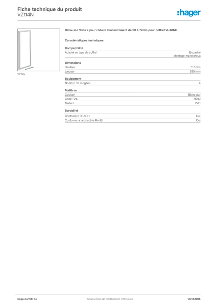 Image Hager Fiche technique du produit VZ114N | Hager Belgique