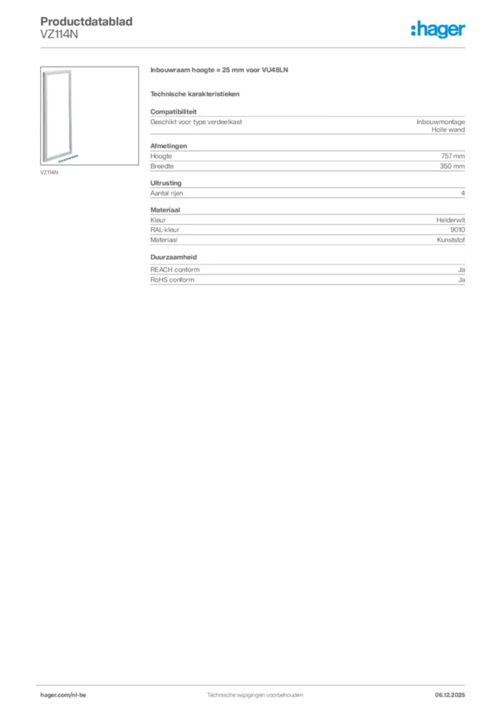 Afbeelding Hager Productdatablad VZ114N | Hager Belgium