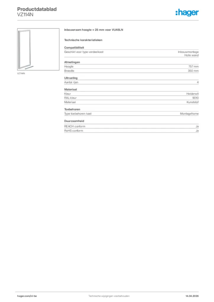 Afbeelding Hager Productdatablad VZ114N | Hager Belgium