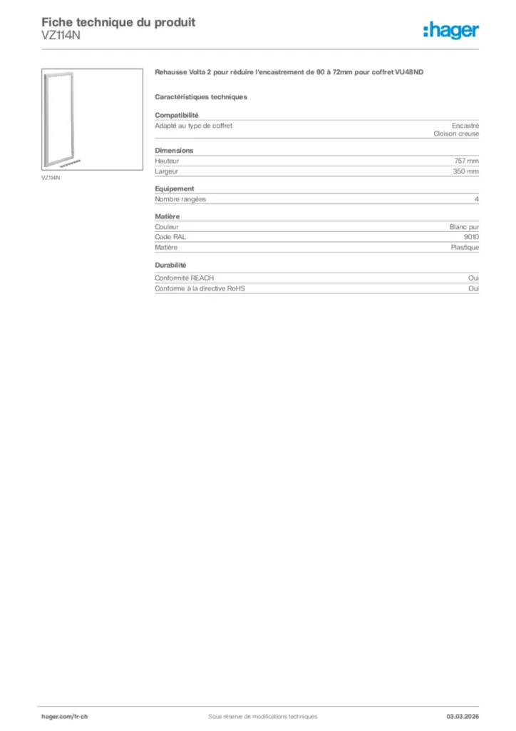 Image Hager Fiche technique du produit VZ114N | Hager Suisse