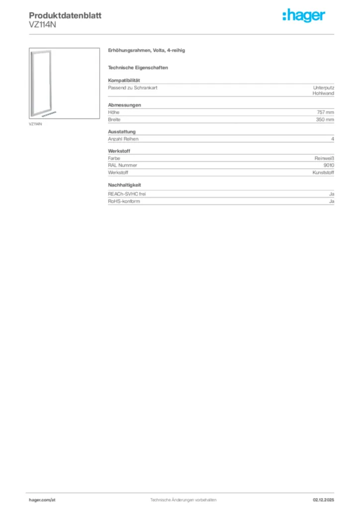 Bild Hager Produktdatenblatt VZ114N | Hager Deutschland