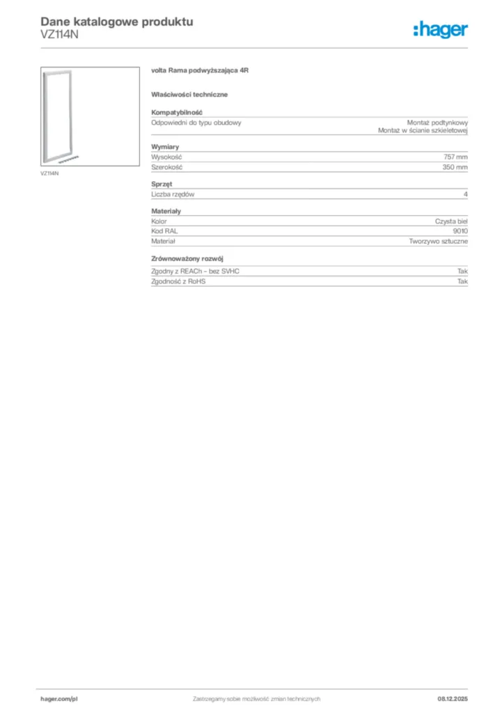 Zdjęcie Hager Karta katalogowa VZ114N | Hager Polska