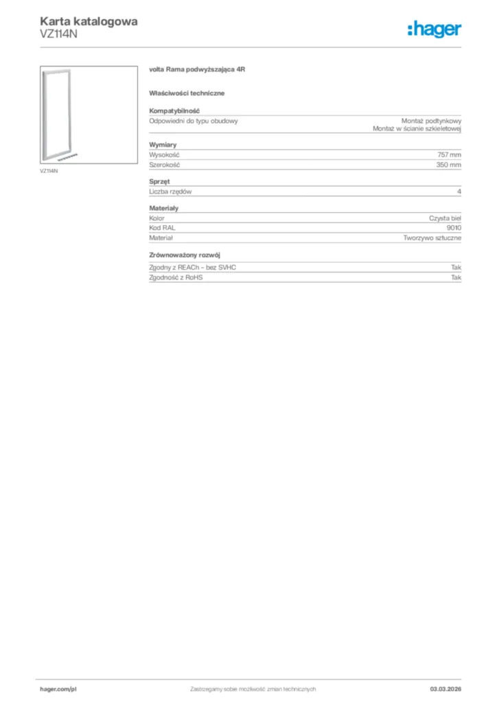 Zdjęcie Hager Karta katalogowa VZ114N | Hager Polska
