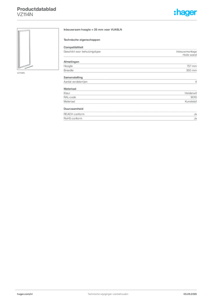 Afbeelding Hager Productdatablad VZ114N | Hager Nederland