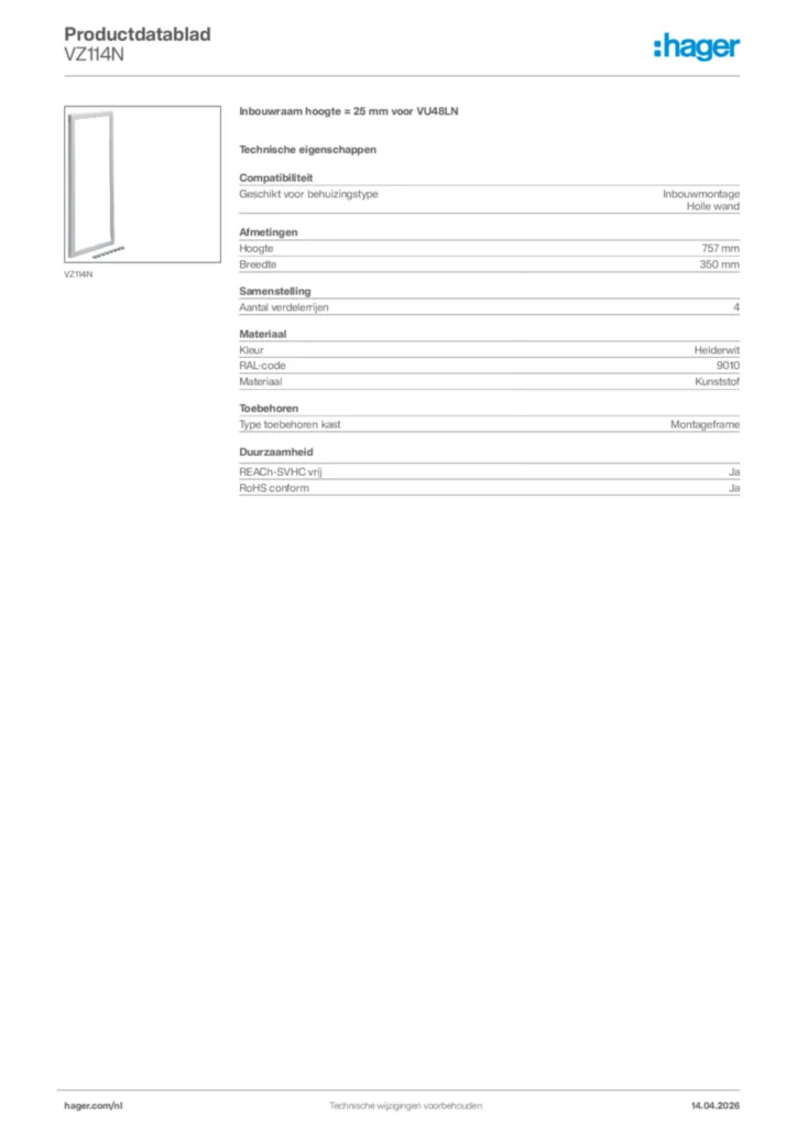 Afbeelding Hager Productdatablad VZ114N | Hager Nederland