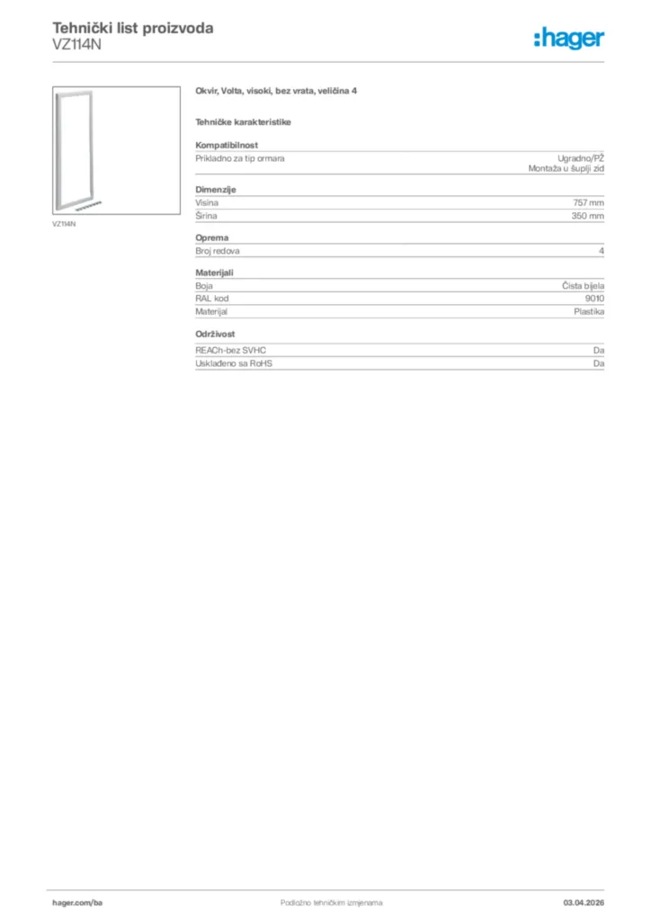Slika Hager Tehnički list proizvoda VZ114N  | Hager