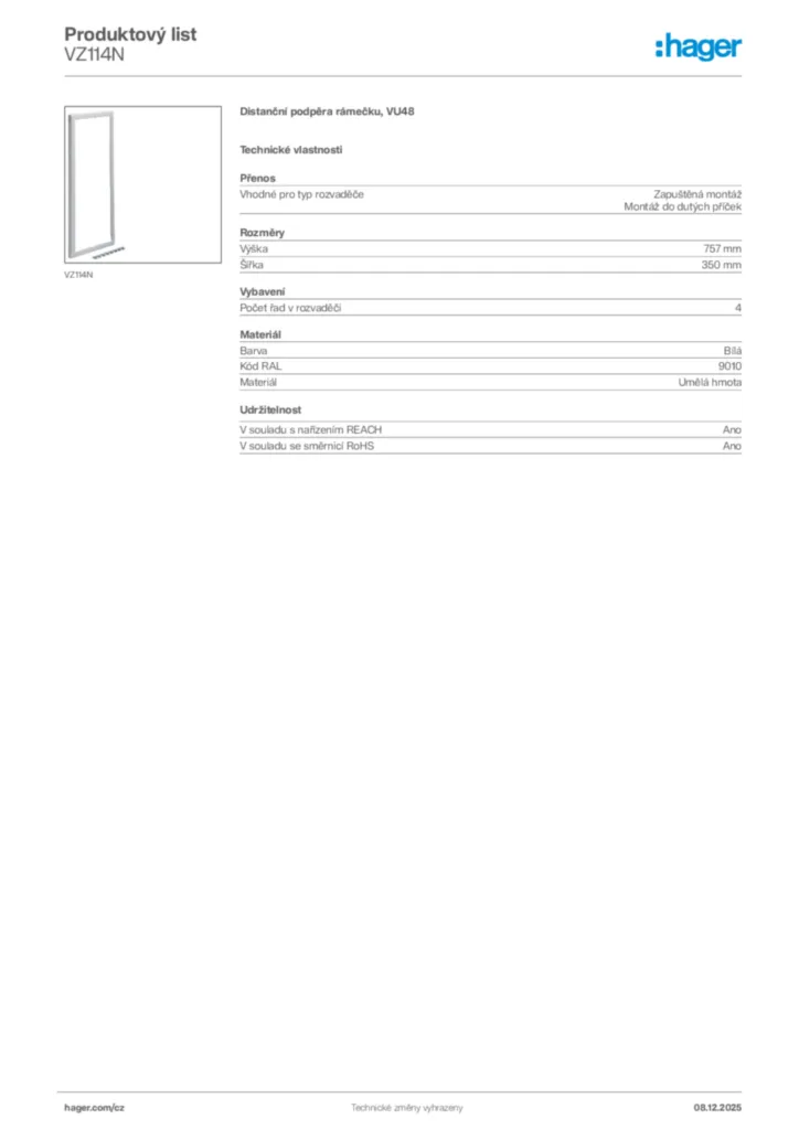 Obrázek Hager Product data sheet VZ114N | Hager