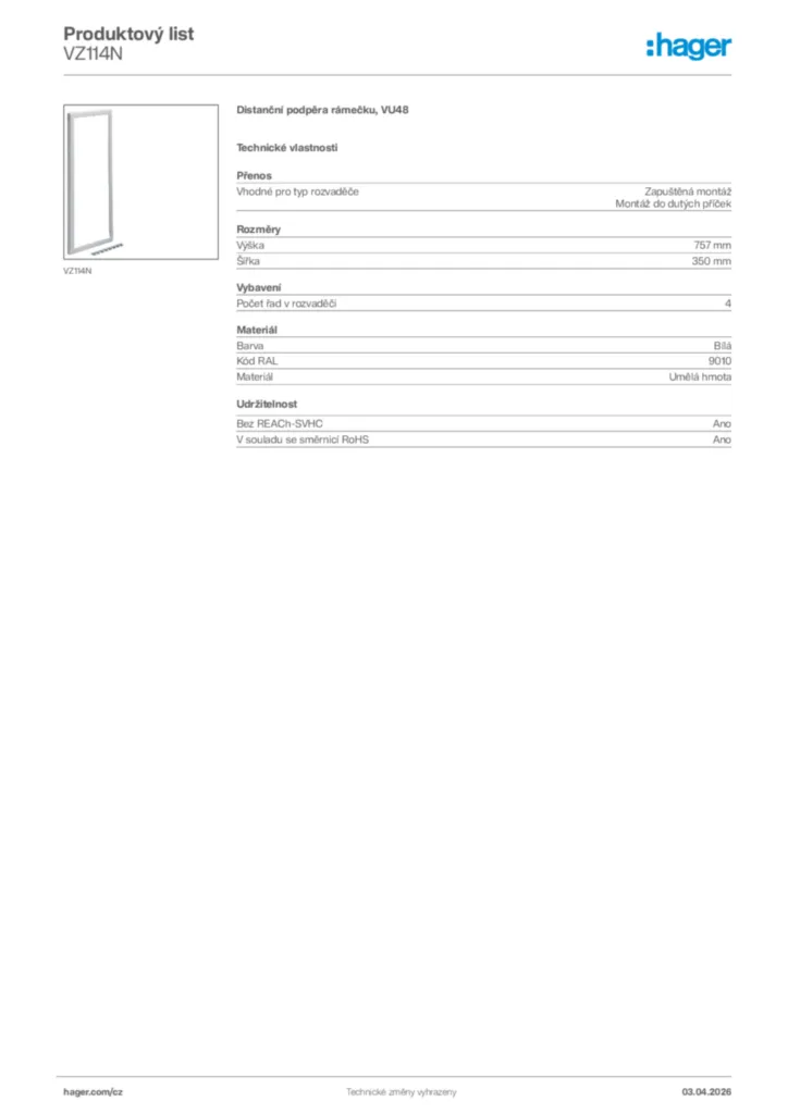 Obrázek Hager Product data sheet VZ114N | Hager