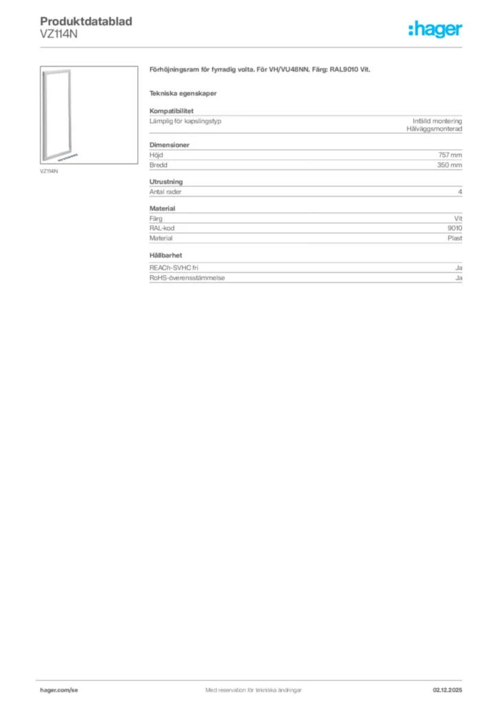 Bild Hager Produktdatablad VZ114N | Hager Sverige