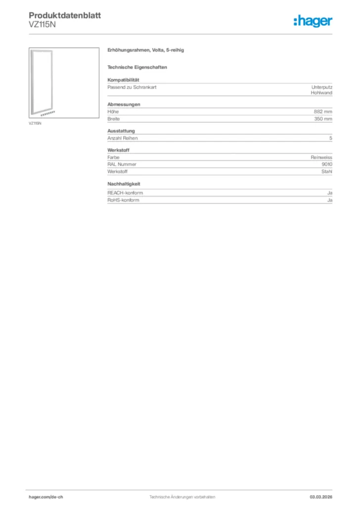 Bild Hager Produktdatenblatt VZ115N | Hager Schweiz