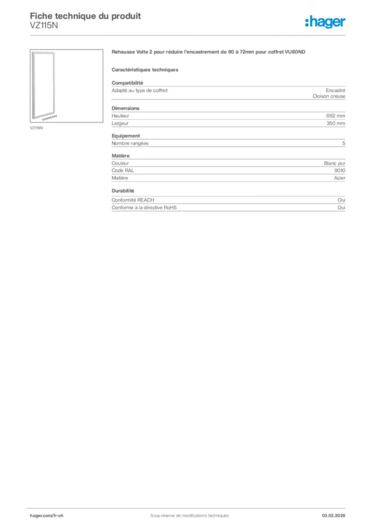 Image Hager Fiche technique du produit VZ115N | Hager Suisse
