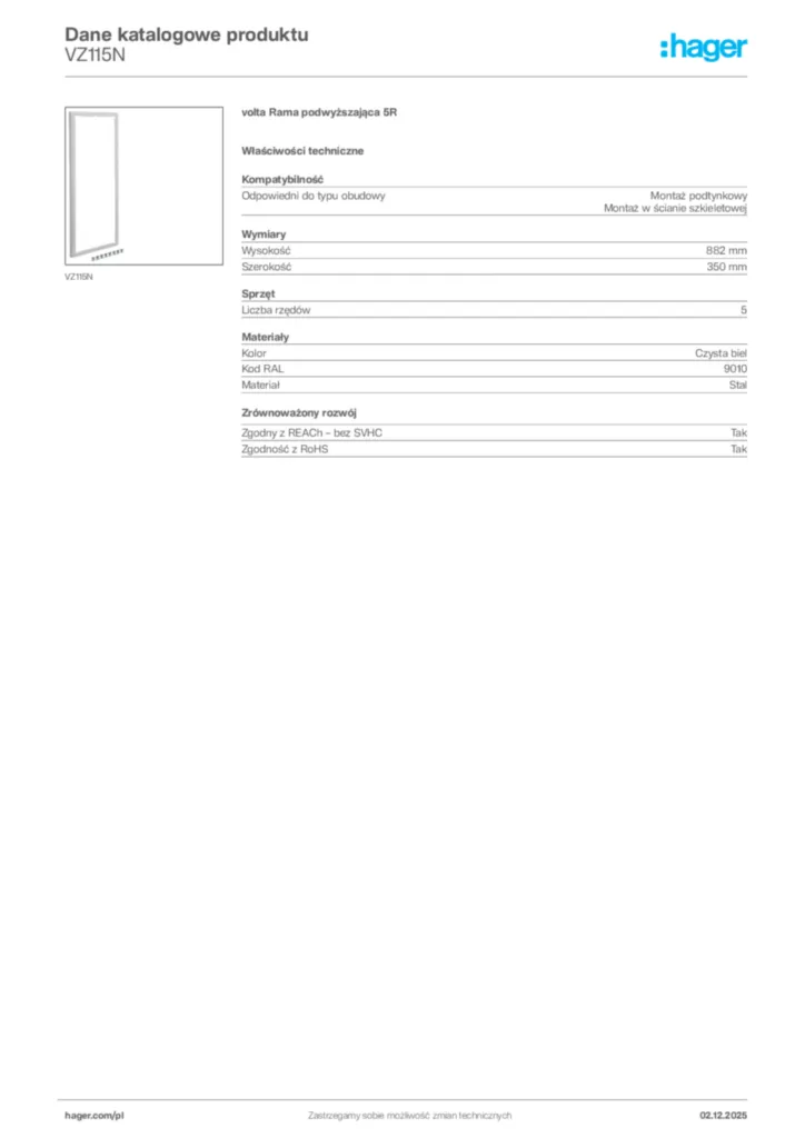 Zdjęcie Hager Dane katalogowe produktu VZ115N | Hager Polska