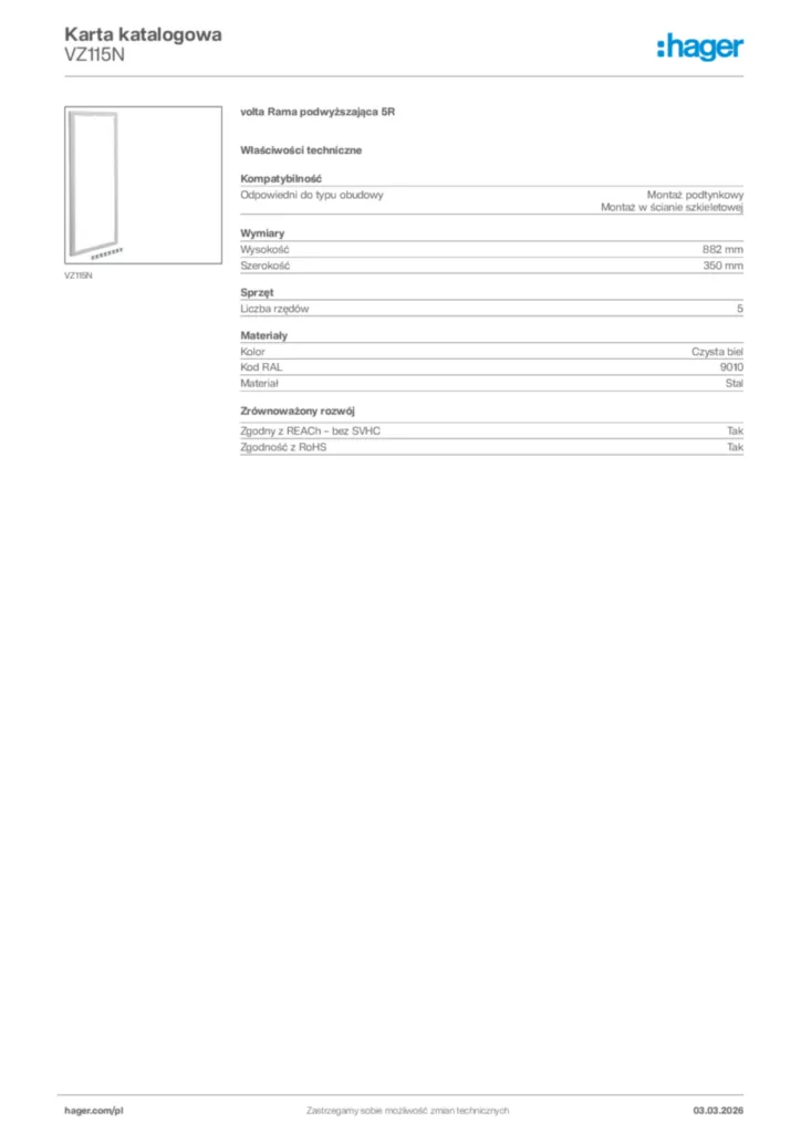 Zdjęcie Hager Karta katalogowa VZ115N | Hager Polska