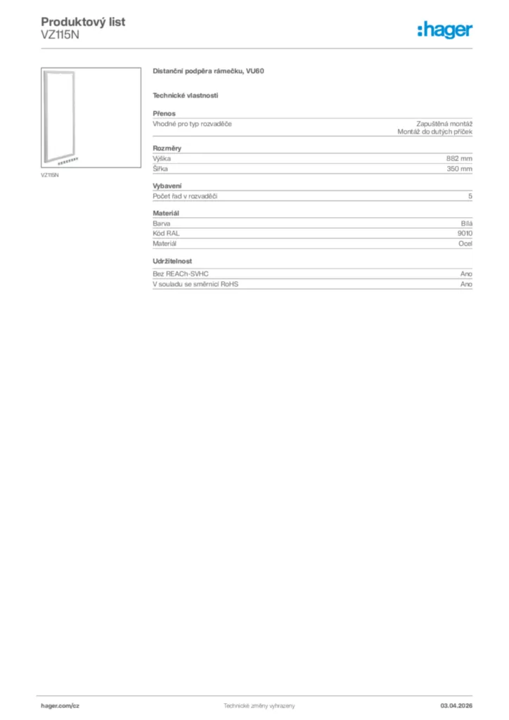 Obrázek Hager Product data sheet VZ115N | Hager