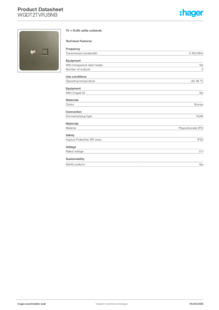 Image Hager Product data sheet WGDT2TVRJ5NB  | Hager