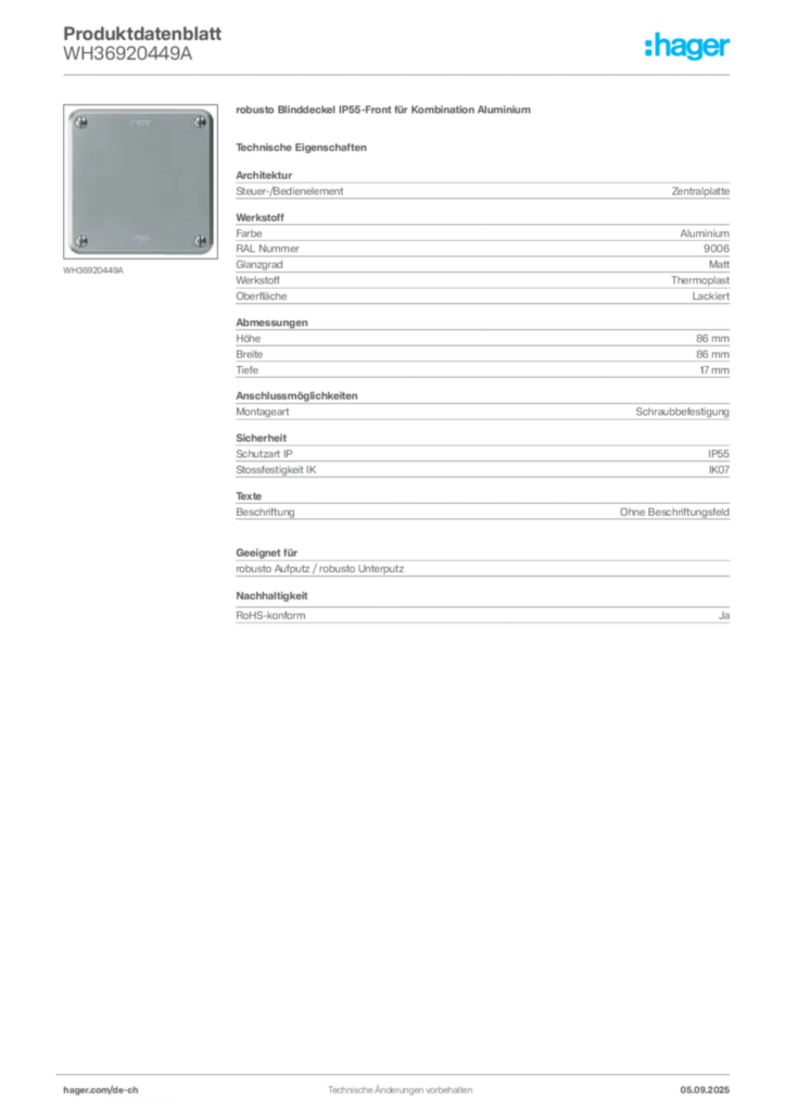 Bild Hager Produktdatenblatt WH36920449A | Hager Schweiz