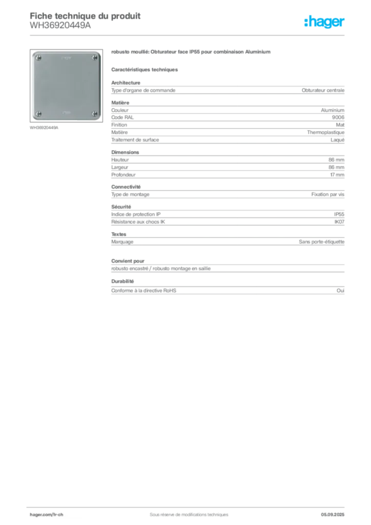 Image Hager Fiche technique du produit WH36920449A | Hager Suisse