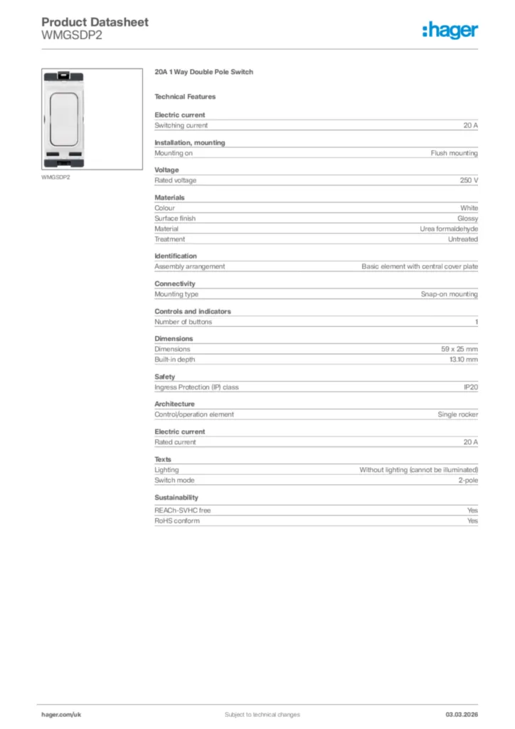 Image Hager Product data sheet WMGSDP2  | Hager