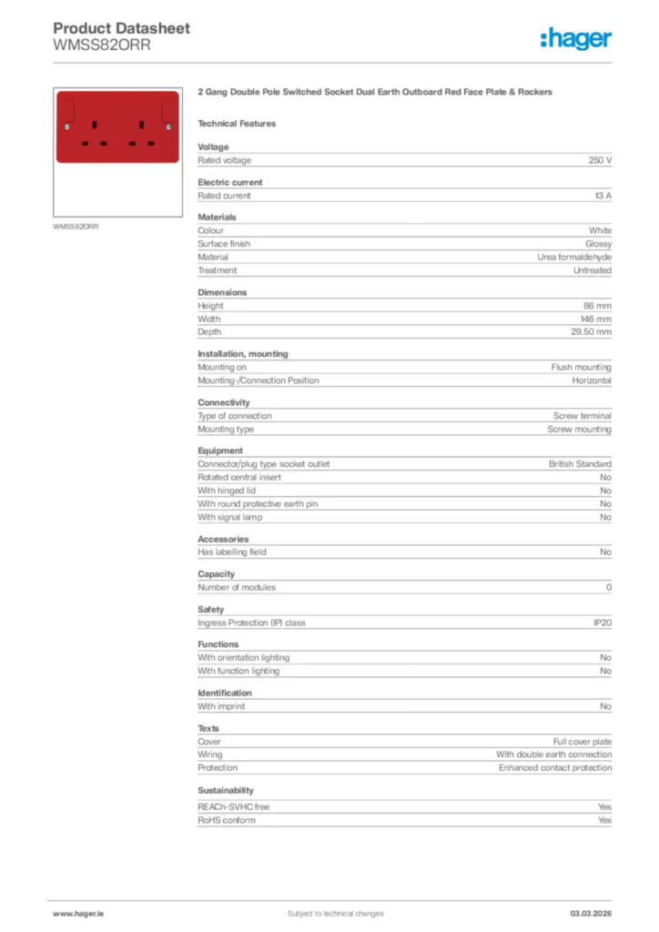 Image Hager Product data sheet WMSS82ORR  | Hager
