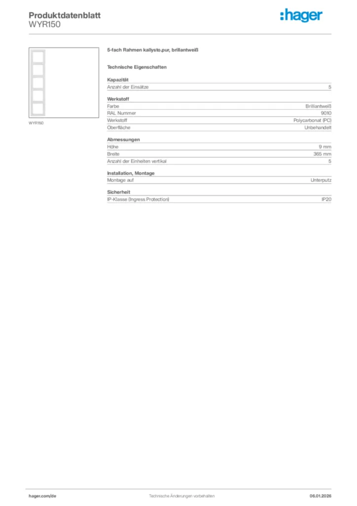 Bild Hager Produktdatenblatt WYR150 | Hager Deutschland