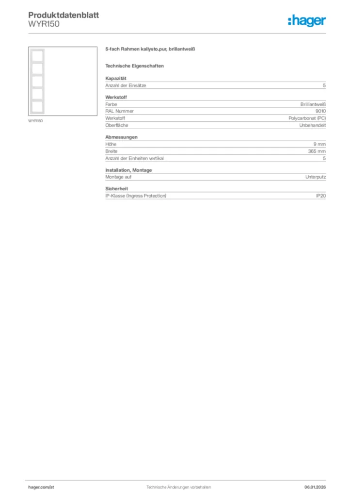 Bild Hager Produktdatenblatt WYR150 | Hager Deutschland