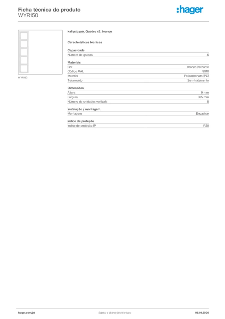 Imagem Hager Ficha técnica do produto WYR150 | Hager Portugal
