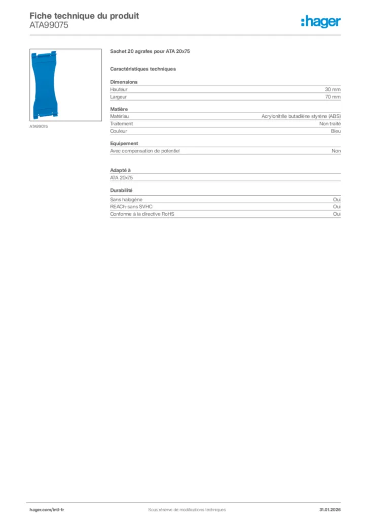 Image Hager Fiche technique du produit ATA99075 | Hager Afrique