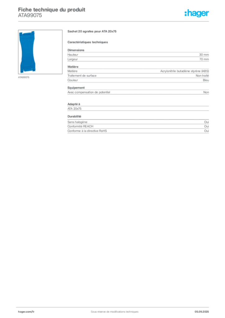 Image Hager Fiche technique du produit ATA99075 | Hager France