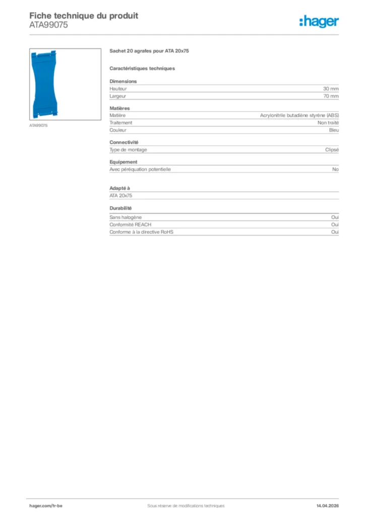 Image Hager Fiche technique du produit ATA99075 | Hager Belgique