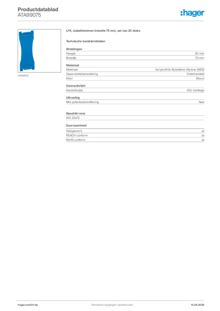 Afbeelding Hager Productdatablad ATA99075 | Hager Belgium