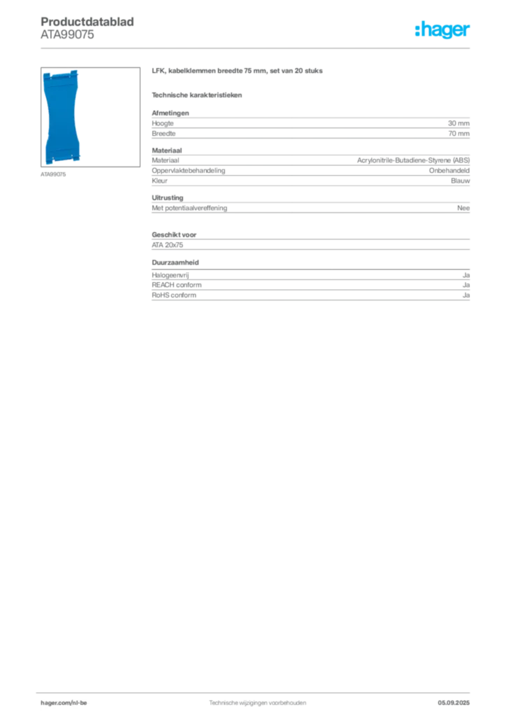 Afbeelding Hager Productdatablad ATA99075 | Hager Belgium