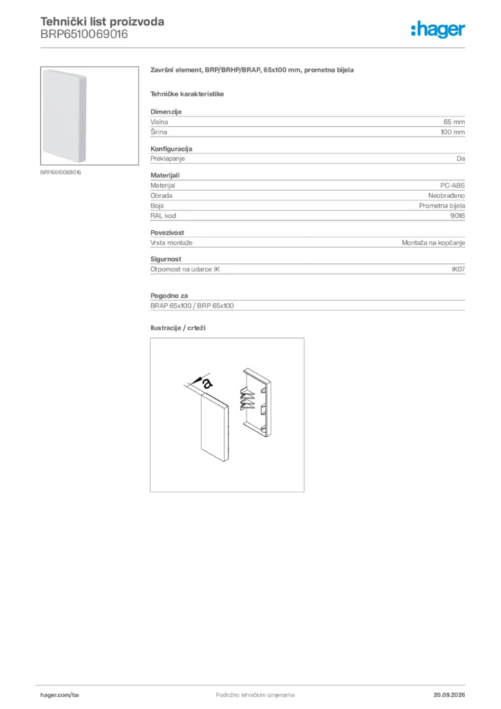 Slika Hager Tehnički list proizvoda BRP6510069016  | Hager