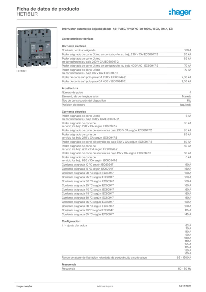 Imagen Hager Ficha de datos de producto HET161JR | Hager España