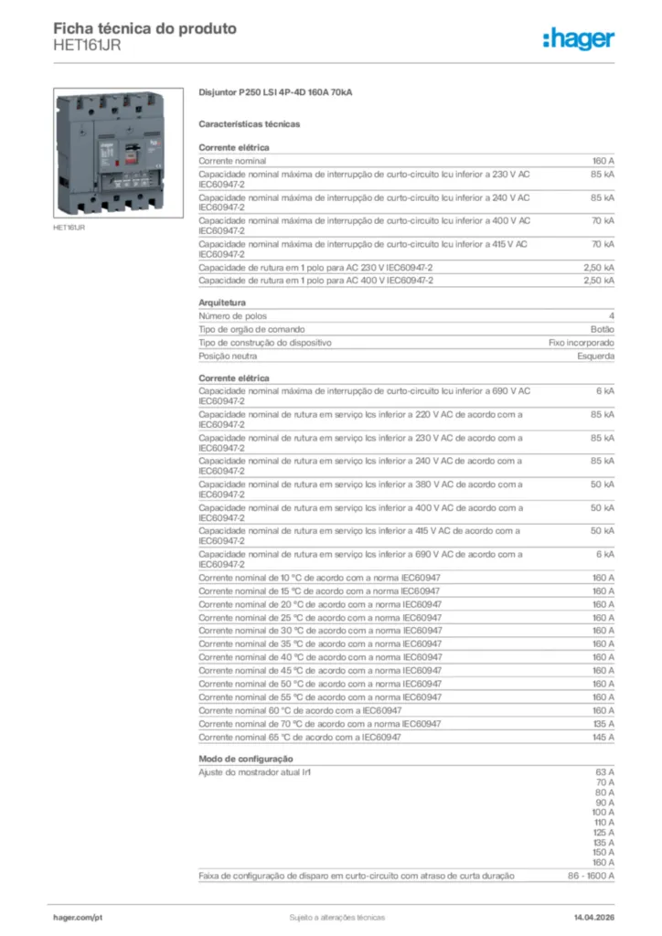 Imagem Hager Ficha técnica do produto HET161JR | Hager Portugal
