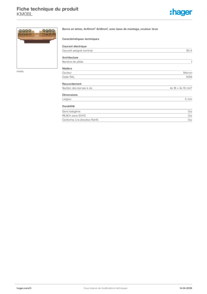 Image Hager Fiche technique du produit KM08L | Hager France