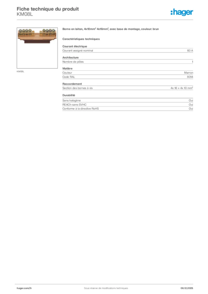 Image Hager Fiche technique du produit KM08L | Hager France