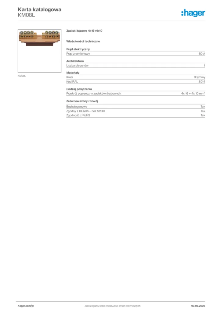 Zdjęcie Hager Karta katalogowa KM08L | Hager Polska