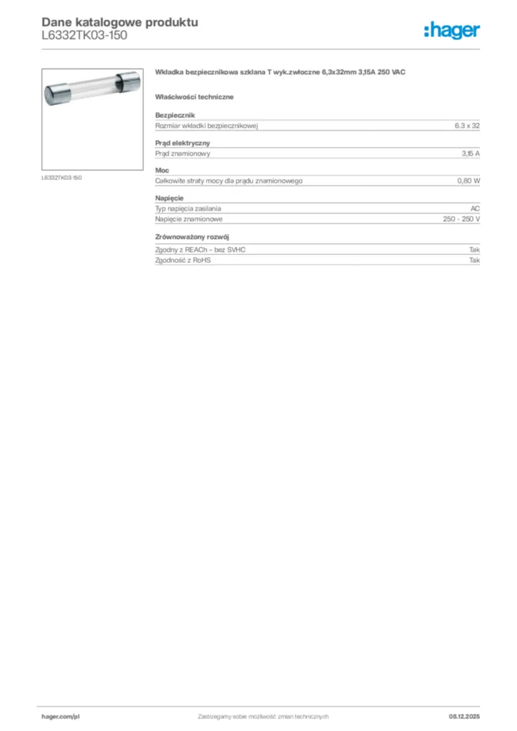 Zdjęcie Hager Karta katalogowa L6332TK03-150 | Hager Polska