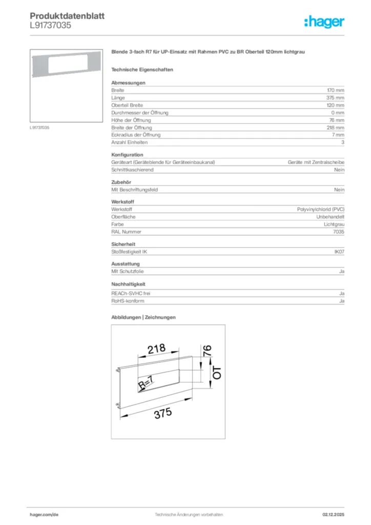 Hager Produktdatenblatt L91737035