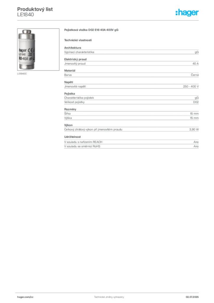 Obrázek Hager Produktový list LE1840 | Hager
