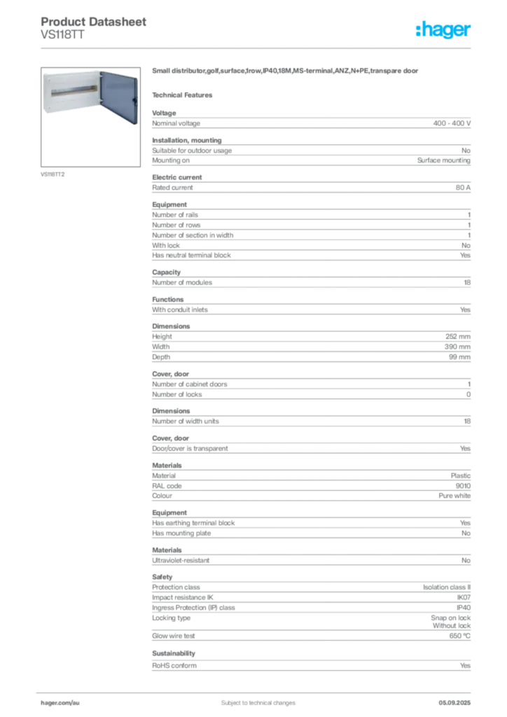 Image Hager Product data sheet VS118TT  | Hager Australia