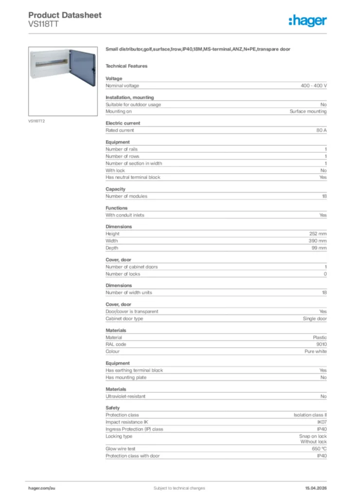Image Hager Product data sheet VS118TT  | Hager Australia