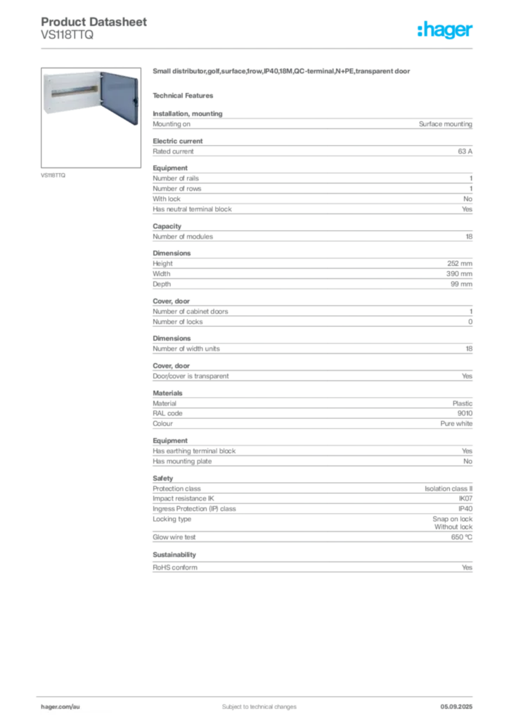 Image Hager Product data sheet VS118TTQ  | Hager Australia