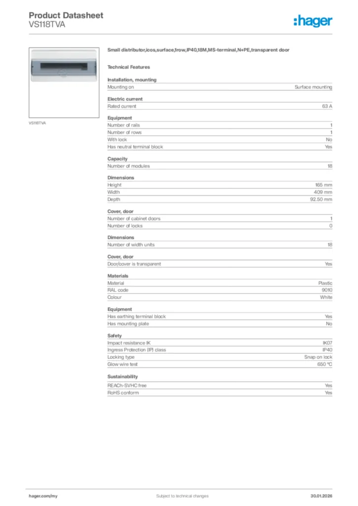 Image Hager Product data sheet VS118TVA  | Hager