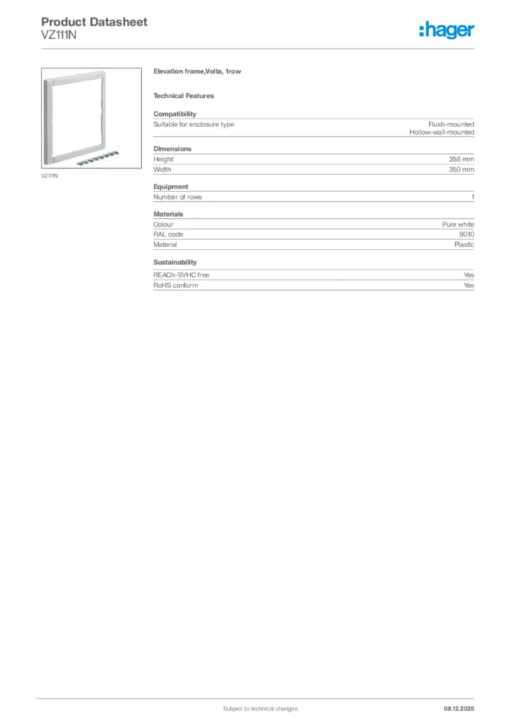 Image Hager Product data sheet VZ111N  | Hager Africa