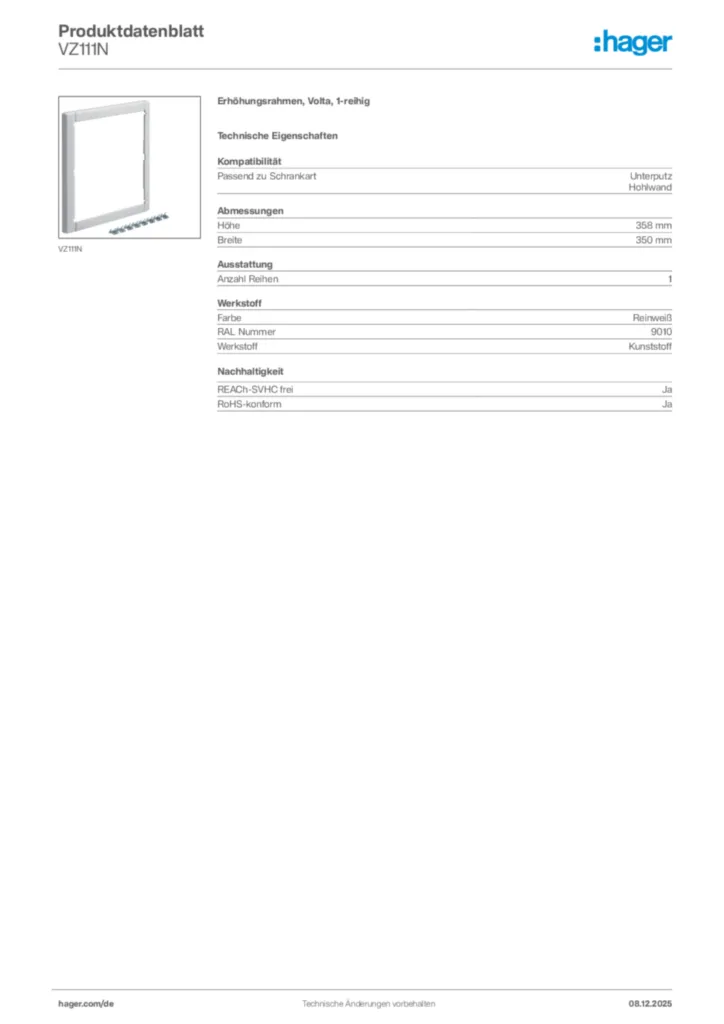 Hager Produktdatenblatt VZ111N