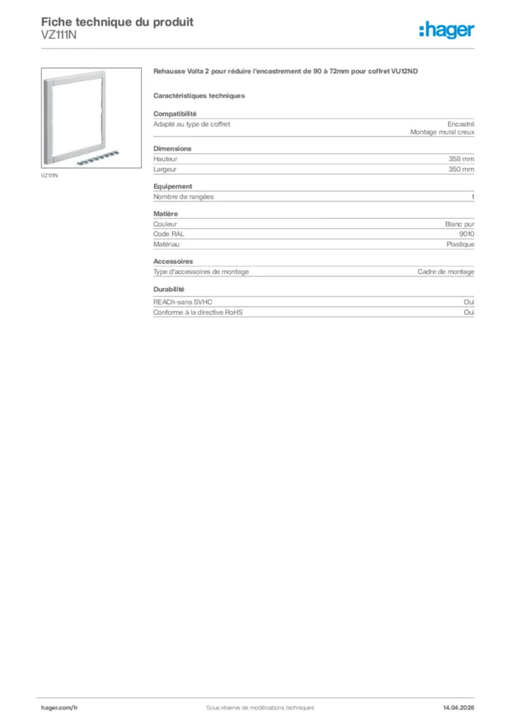 Image Hager Fiche technique du produit VZ111N | Hager France